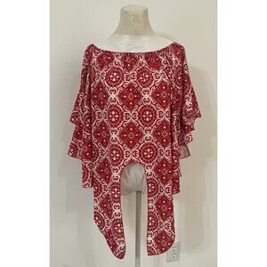 FASHION brand red and white poncho-style‎ blouse sz L boho-chic beachwear